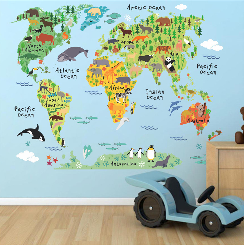 Nursery / Kids' Room Wall Decal - World Map With Animals-Nursery Wall Decals-KneeBees